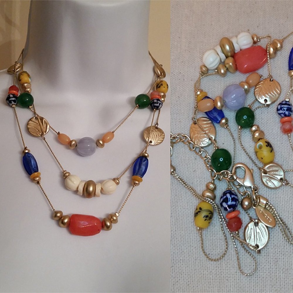 Chico's multi layer strand colorful chain and beads necklace pop of color boho.